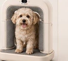 A small dog inside the Furvana grooming arch